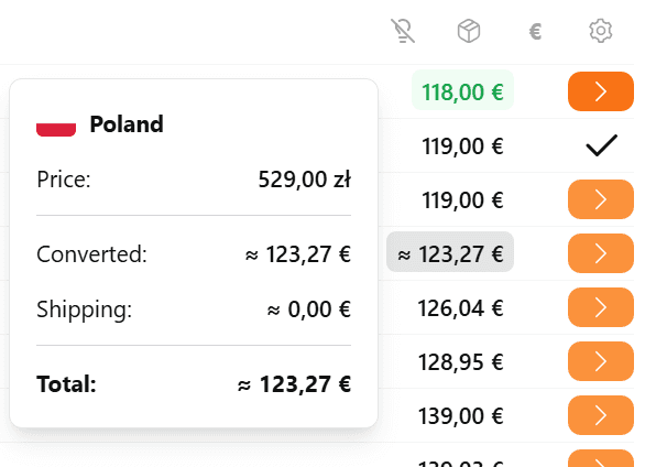 EuroSaver currency selector with multiple currencies